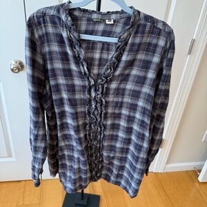 Eddie Bauer Ruffled Flannel Button-Down Top, Women’s, Blue Plaid, XL Tall